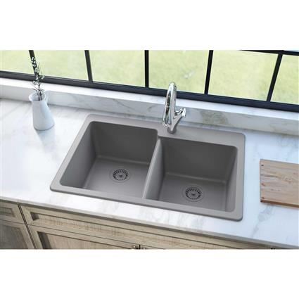 Qtz 33x22x9.5 Dbl Drop-in Sink Greystone
