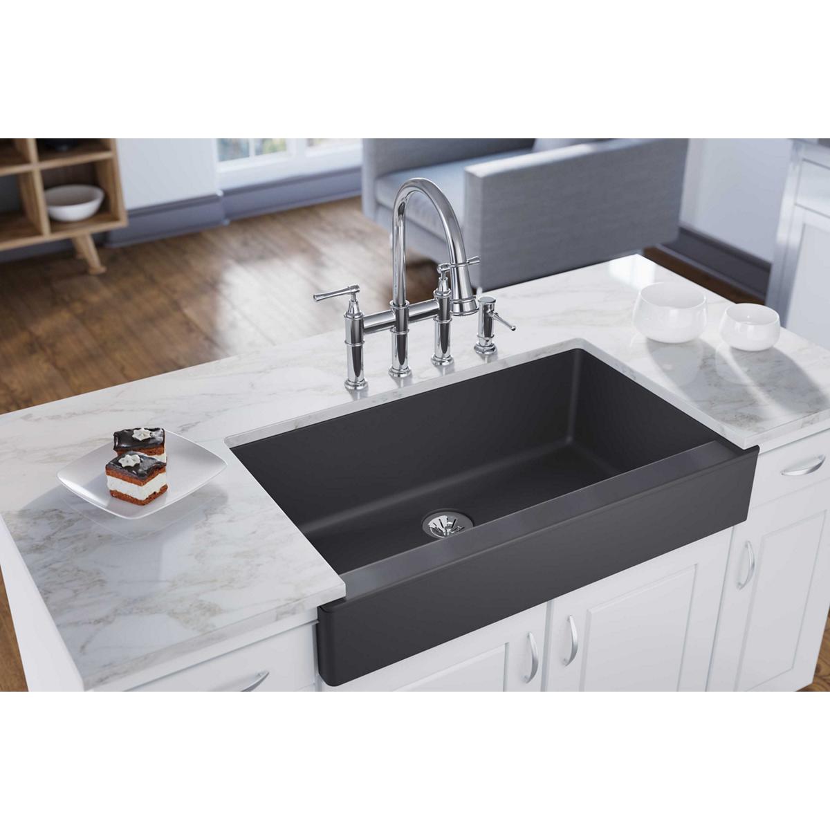 Elkay Quartz Luxe 36 x 21 x 9 Single Bwl Apron Sink w PD Charcoal